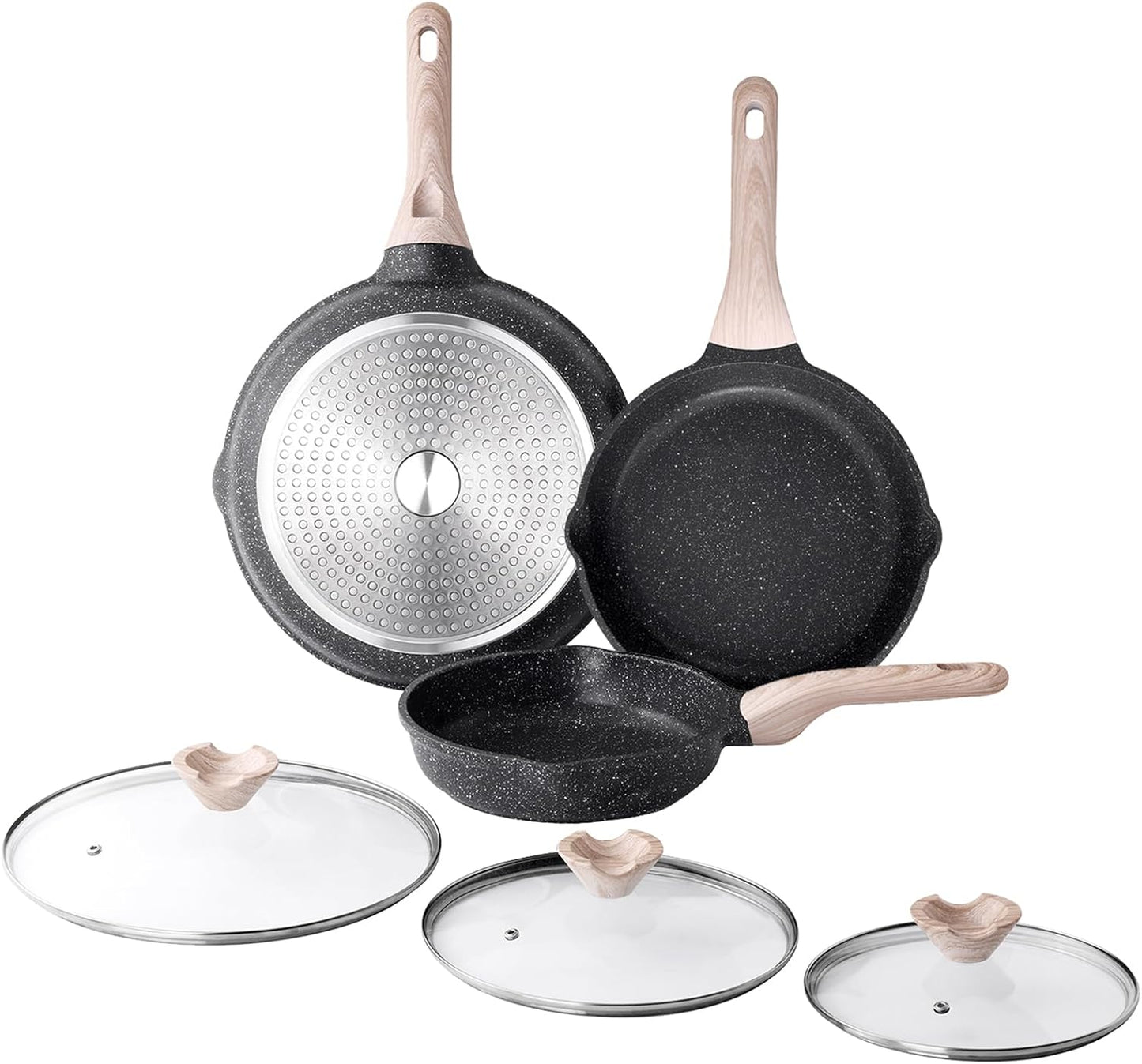 Nonstick Frying Pan Set with Lids, 3 Piece Skillet Set, Healthy Induction Cookware Cooking Pan, Stay-Cool Handle, Compatible with All Stovetops, PFOA Free (8, 9.5, 11 Inch)