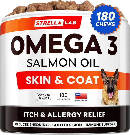 StrellaLab Omega 3 for Dogs - (180Ct) Fish Oil Treats - Allergy & Itch Relief Skin & Coat Supplement - Dry Itchy Skin, Anti Shedding & Hot Spots Treatment - Pet Salmon Oil Chews - Chicken Flavor